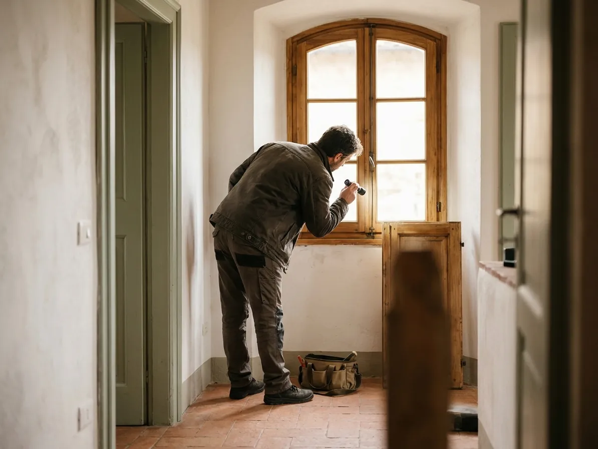 Controllo di un infisso in legno con una torcia