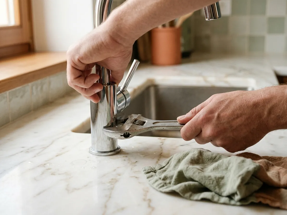 Mani che regolano un rubinetto della cucina con una chiave