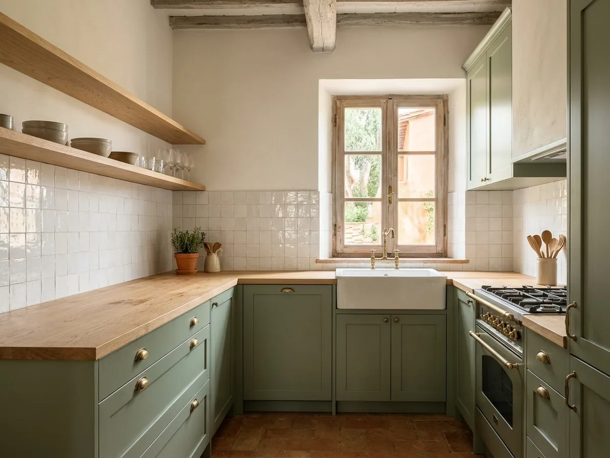 Cucina rinnovata con mobili verde salvia e piano in legno