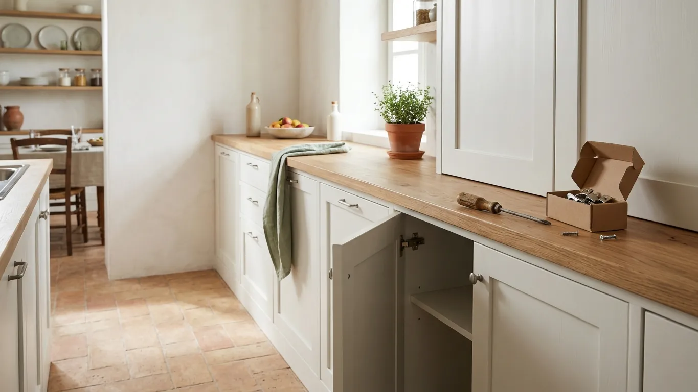 Cucina luminosa con un'anta aperta e un cacciavite sul piano