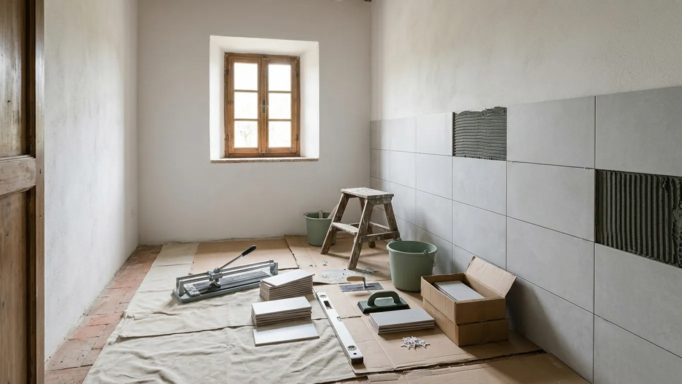 Bagno in fase di rinnovo con piastrelle in posa